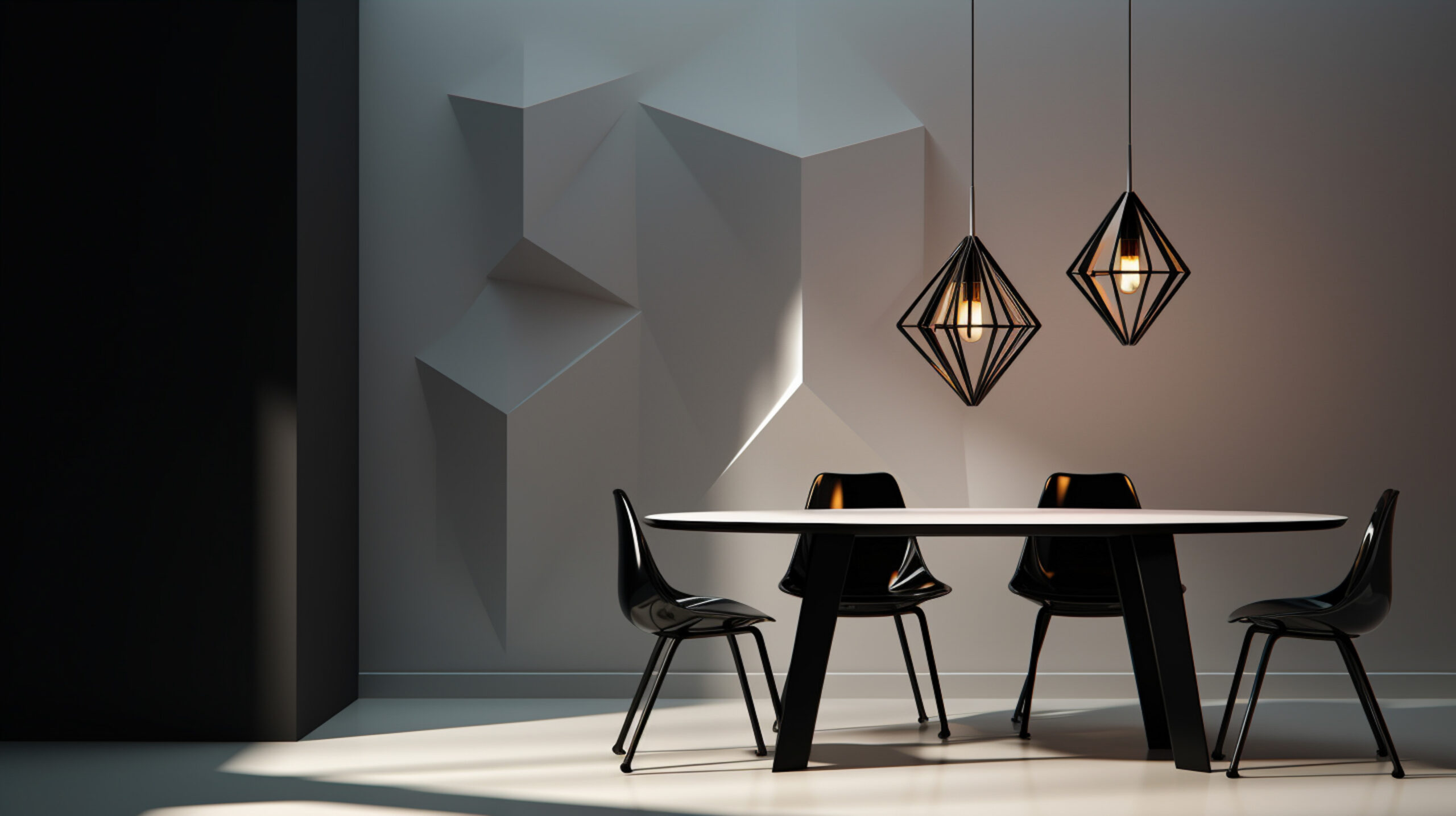 a white dining room with metal table lamp and wooden chairs, in the style of low poly, cubist faceting, realistic chiaroscuro lighting, dark black and light black, minimalist line art, urban energy, metallic rotation --ar 16:9 --v 5.2 Job ID: b432ac11-d72c-4d9c-a4f4-6022c26a3e3f